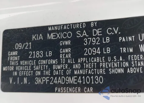 2021 Kia Forte Lxs из США, поврежденный, VIN 3KPF24AD9ME410130